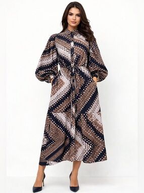 N By Nancy Yang Midi Dress L Drawstring Balloon Sleeve Cotton Chic